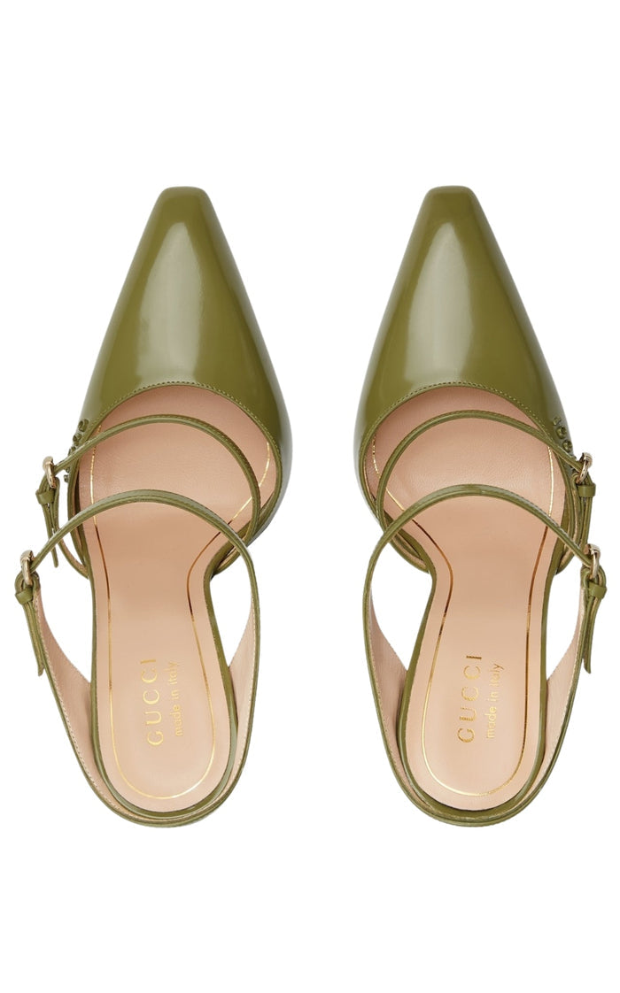 Gucci’s Christy 110 wedge mules in green