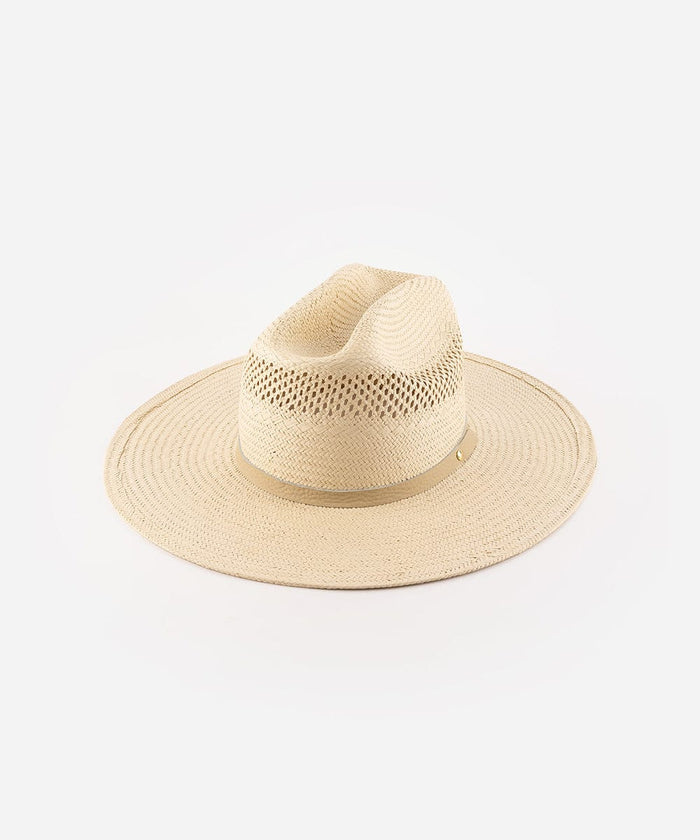 A natural colored straw cowboy hat with a cattleman crown and a tonal leather band on a plain background  #color_natural