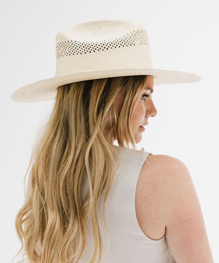Woman wearing a natural colored straw cowboy hat and a white top, facing sideways against a plain background  #color_natural