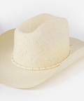 Beige straw hat with a decorative band in a white background #color_cream