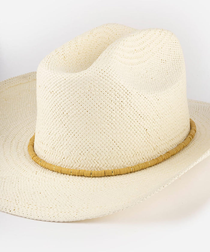 Beige straw hat with a brown band on a white background #color_tan