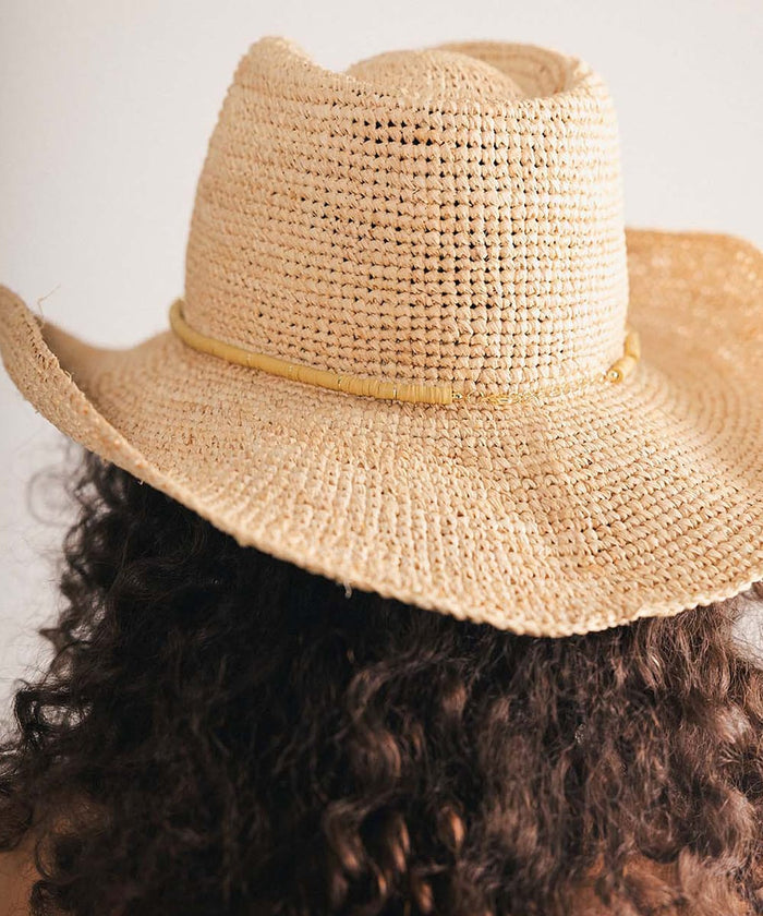 Close-up of a straw hat worn by a woman with a decorative band against a plain background #color_tan