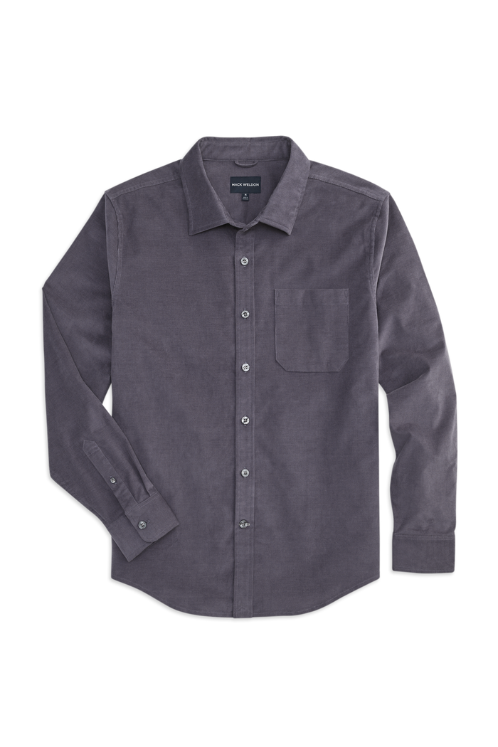 Front view of Corduroy Button Up Shirt in Thistle Grey
