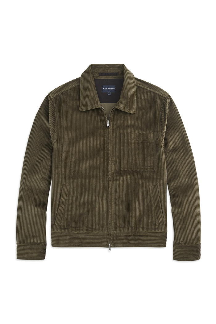 Front view of Corduroy Zip Jacket in Dark Olive