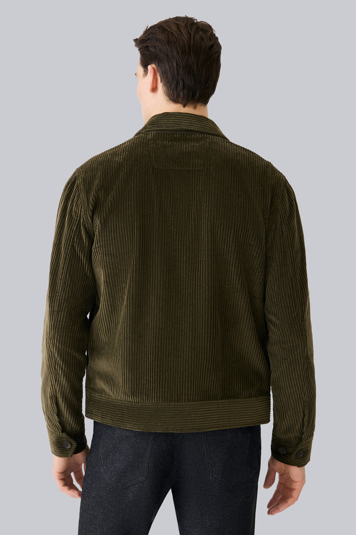 Back view of a man wearing Corduroy Zip Jacket in Dark Olive