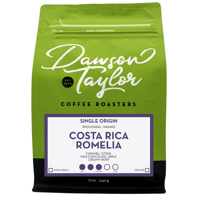 Bright green Costa Rica Romelia single origin coffee bag with bold white script label