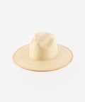 A natural colored wide brim straw hat with a fedora crown on a white background #color_natural