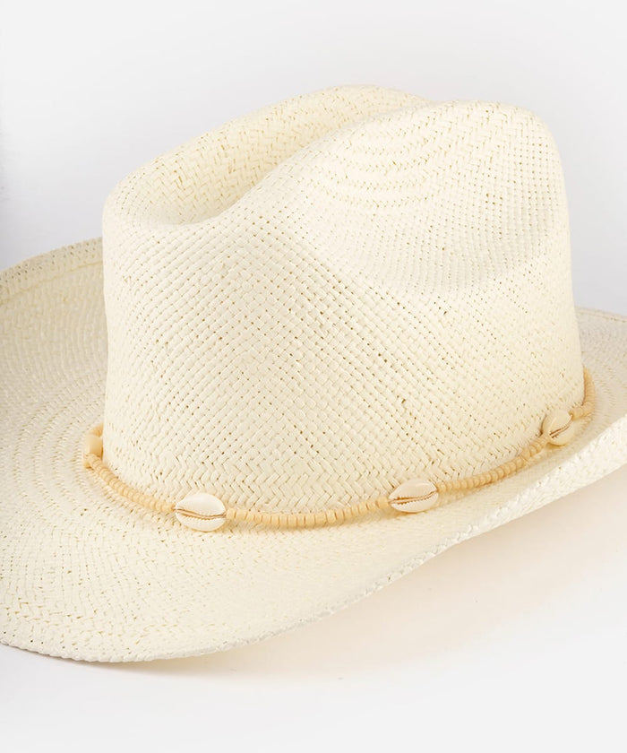 Beige straw hat with decorative band on a plain background #color_cream