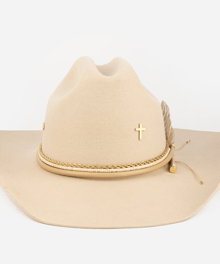 Beige cowboy hat with gold band and cross on a white background #color_gold