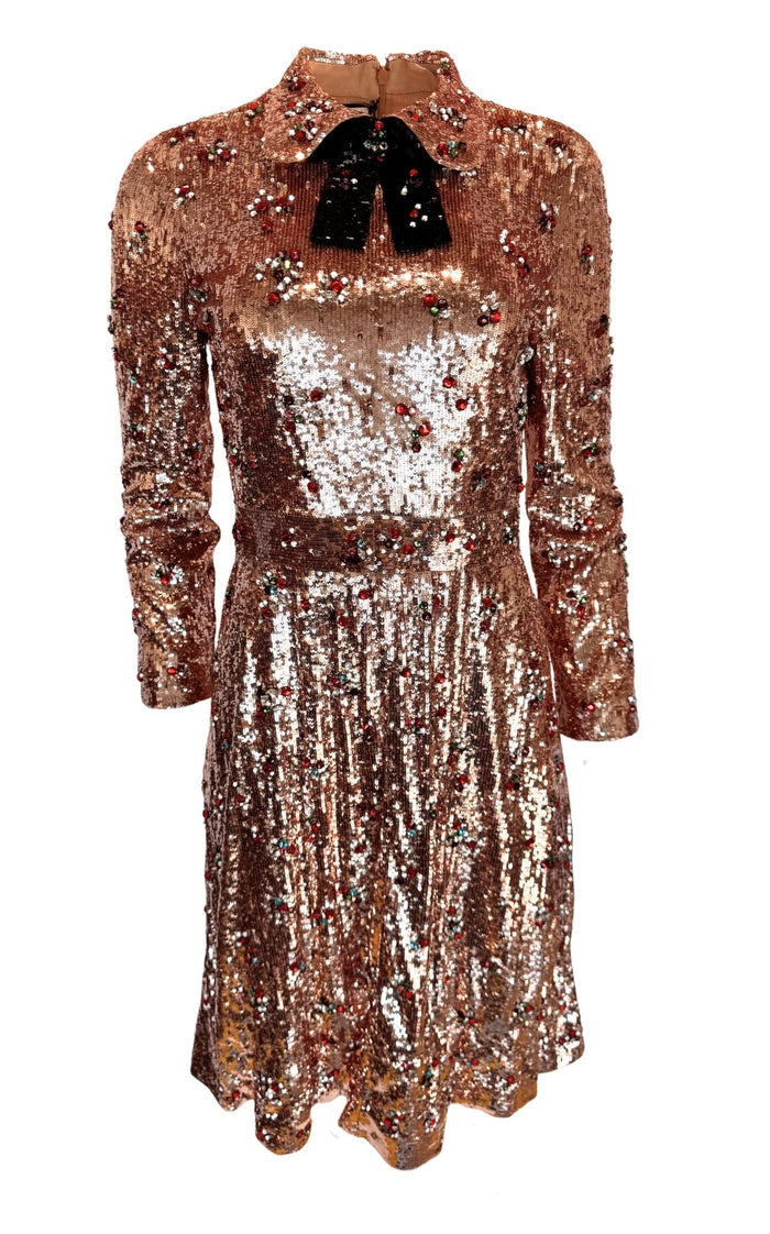 Gucci crystal-embroidered sequin tulle dress with bow brooch