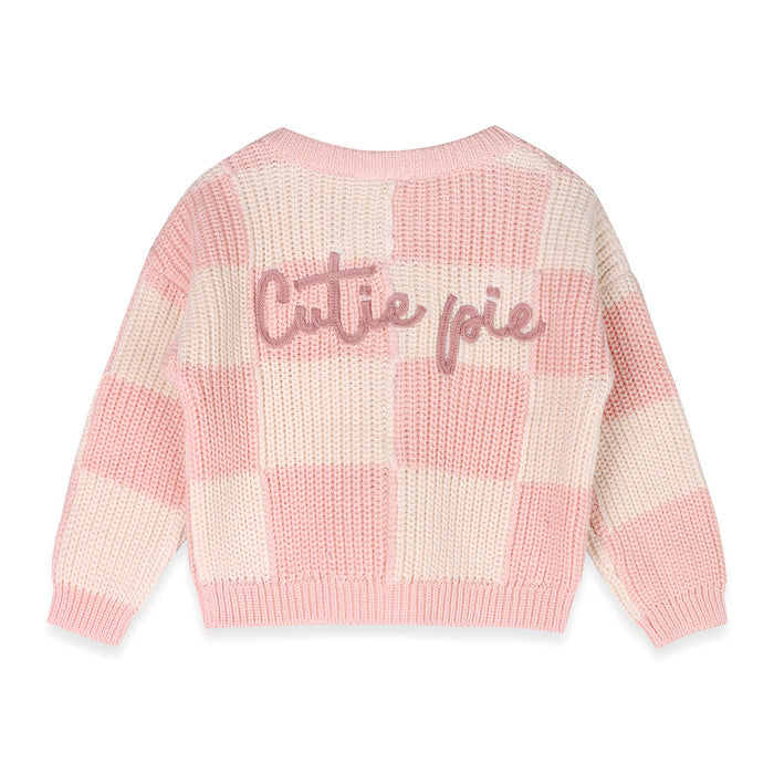 Cutie Pie Embroidered Checkered Slouchy Knit Baby Pullover (Organic Cotton)