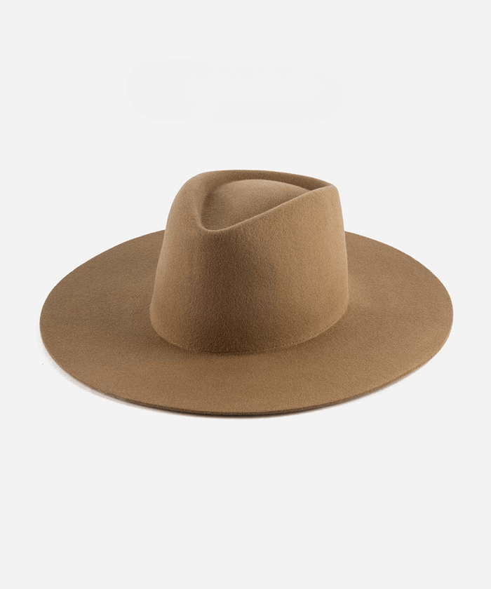 A brown wide brim felt hat with a triangle crown on a white background #color_brown