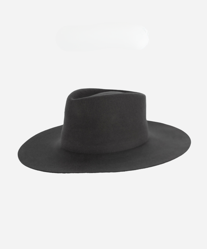 A dark grey fedora hat with a triangle crown on a white background #color_dark grey