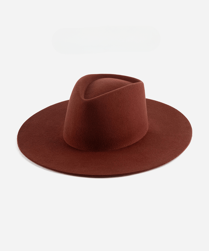 A rusty red wide brim felt hat with a triangle crown on a white background #color_rusty red