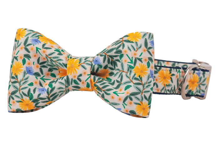 Stylish dog collar and bow tie set with a cheerful floral print of yellow flowers and leafy accents on a light background, designed with a polished buckle and d-ring.