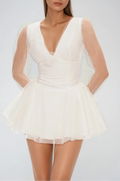 Danyal Flower Balloon Sleeve Mesh Mini Dress In White