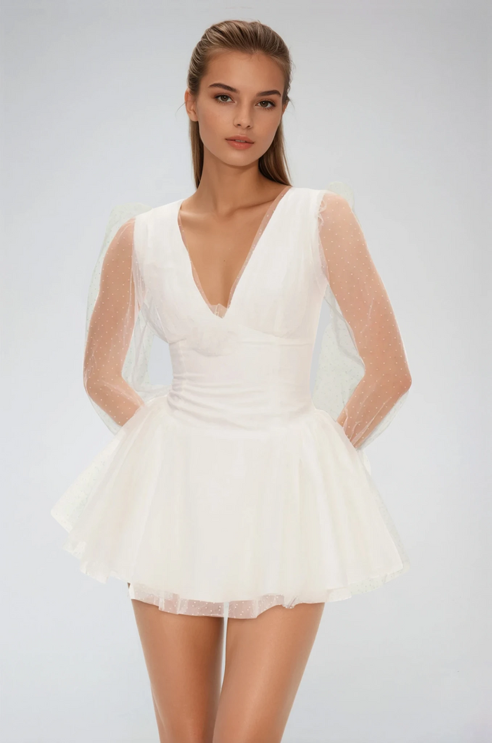Danyal Flower Balloon Sleeve Mesh Mini Dress In White