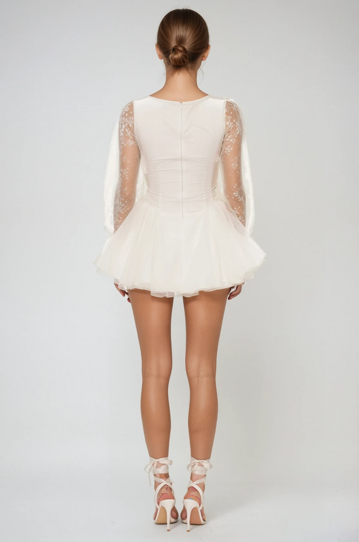Danyal Flower Balloon Sleeve Mesh Mini Dress In White