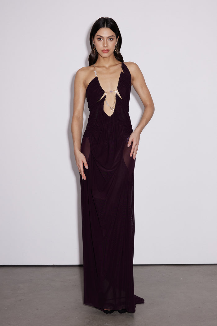 Davis Plunge Chain Asymmetric Maxi Dress In Deep Purple