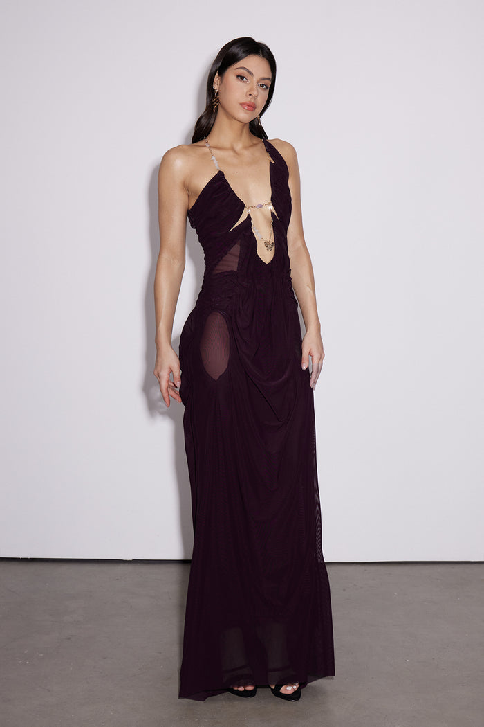 Davis Plunge Chain Asymmetric Maxi Dress In Deep Purple