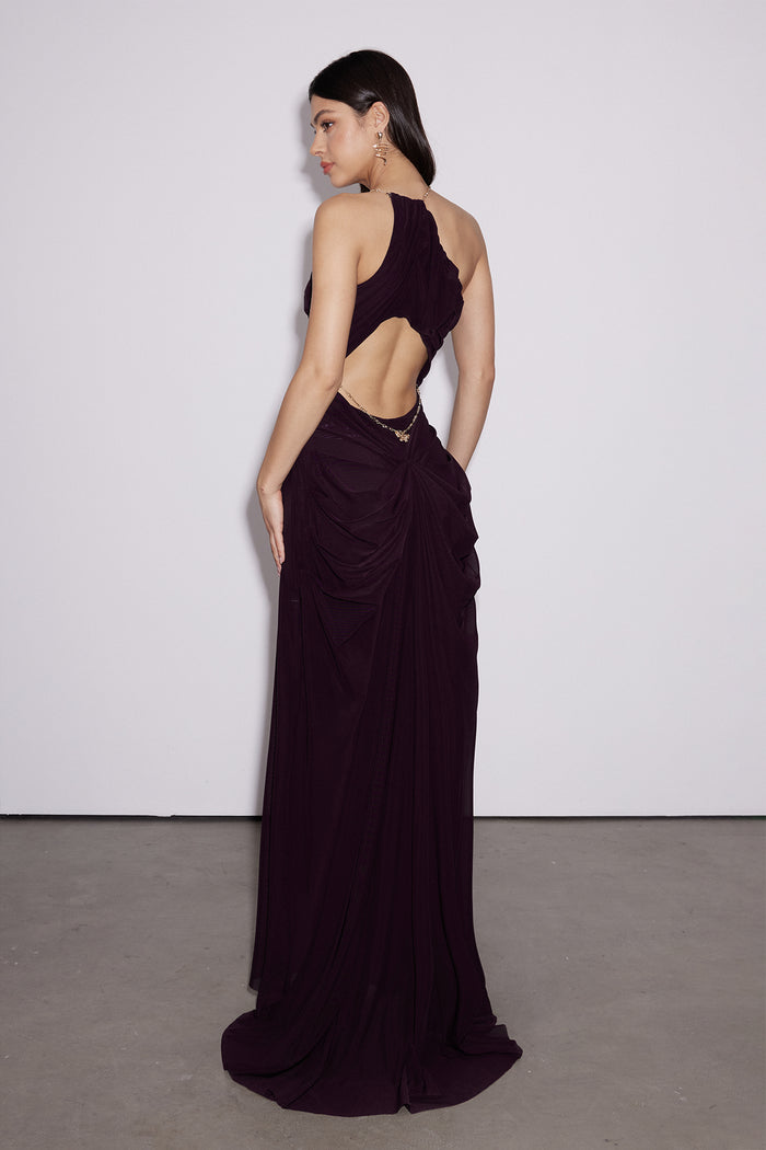 Davis Plunge Chain Asymmetric Maxi Dress In Deep Purple