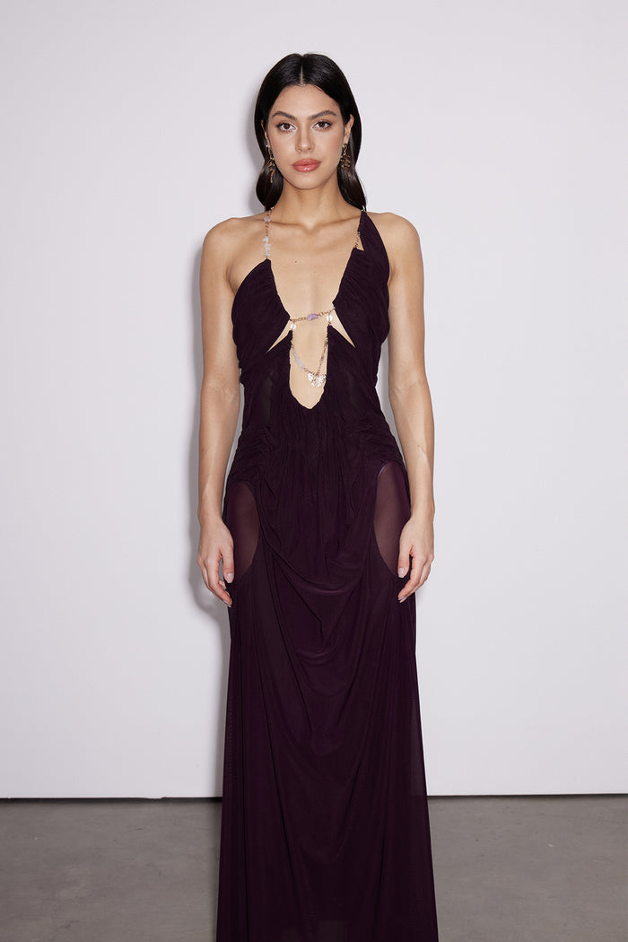 Davis Plunge Chain Asymmetric Maxi Dress In Deep Purple