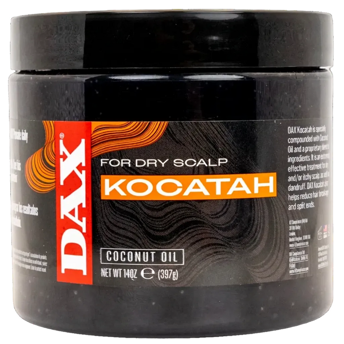 Black jar of DAX Kocatah for dry scalp with coconut oil on a white background