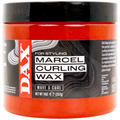 A 14 oz jar of DAX Marcel Curling Wax in a vibrant orange-red color, featuring a black lid and a black and white label with the DAX brand logo.