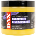 A 14 oz tub of DAX Super Lanolin Pure Lanolin conditioner, featuring a bright yellow jar, a black lid, and a black label with purple and red branding.