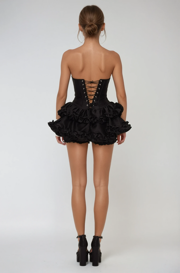 Daxton Strapless Corset Puffy Mini Dress In Black