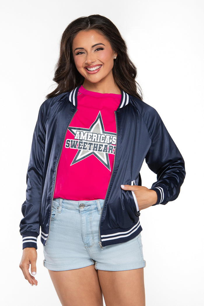 DCC Satin Bomber Jacket in Navy