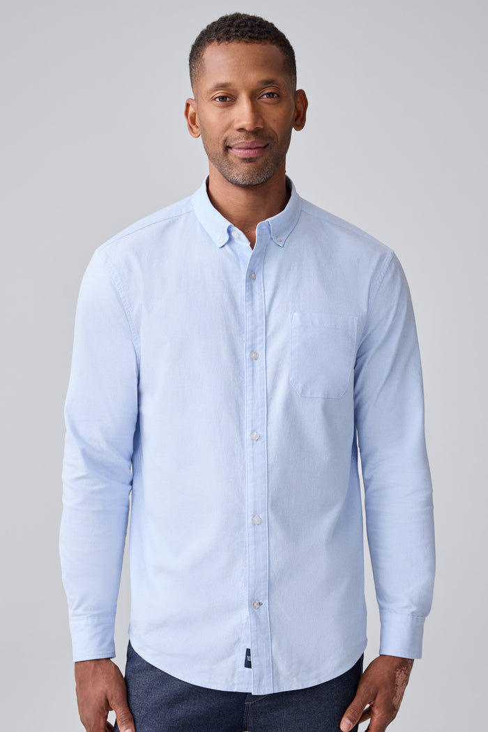 Front view of a man wearing Dean Oxford Shirt in Dean Blue / White