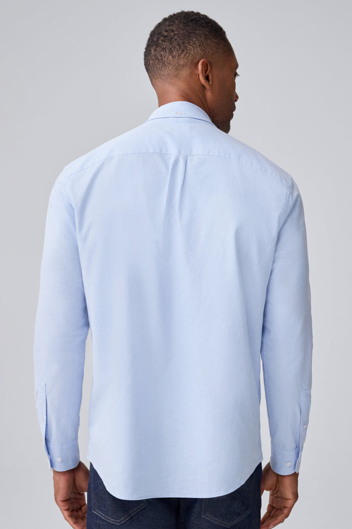 Back view of a man wearing Dean Oxford Shirt in Dean Blue / White