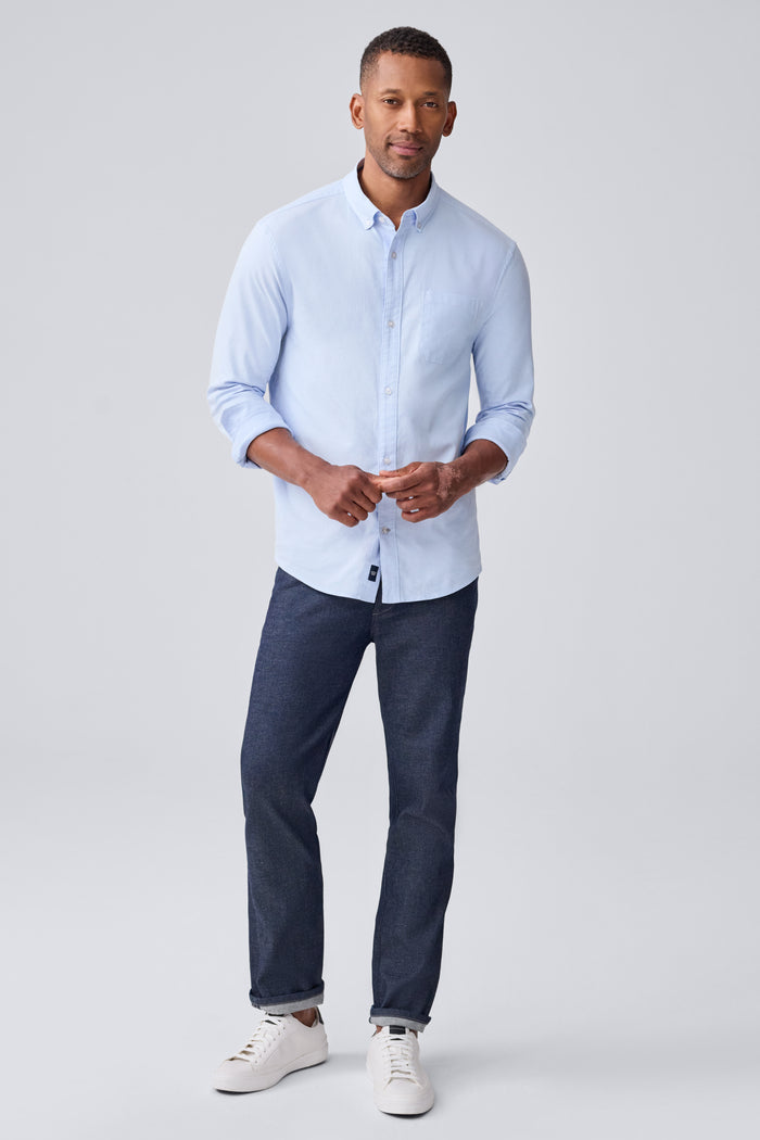 Full Front view of a man wearing Dean Oxford Shirt in Dean Blue / White