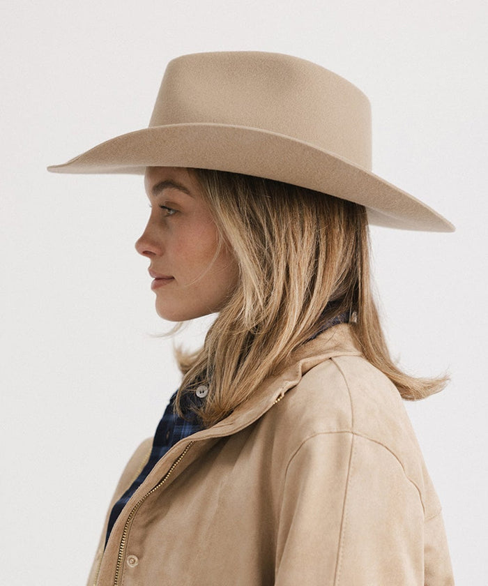 Woman wearing a tan cowboy hat with a hat band and a beige jacket, facing sideways against a plain background #color_tan