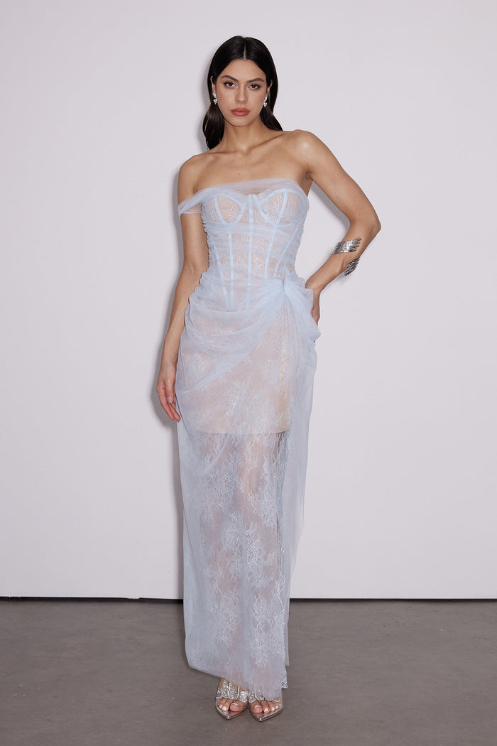 Dechen One Shoulder Corset Mesh Maxi Dress In Blue