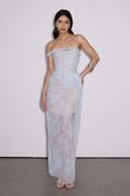 Dechen One Shoulder Corset Mesh Maxi Dress In Blue
