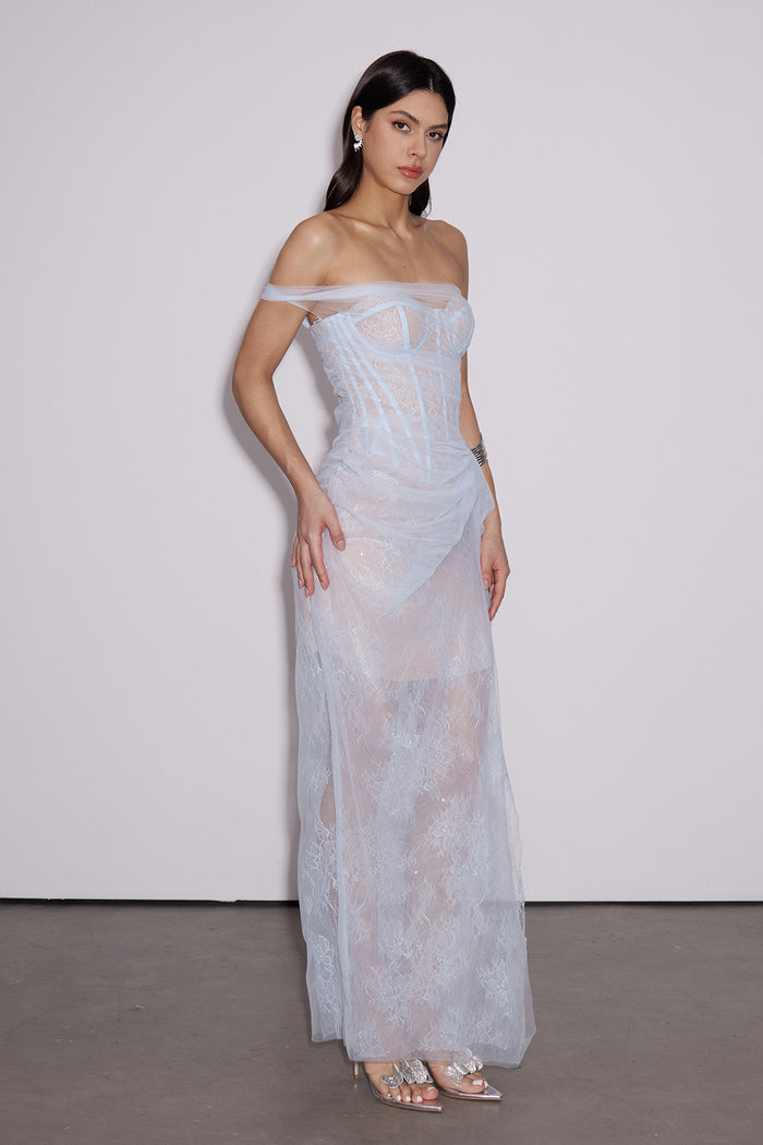 Dechen One Shoulder Corset Mesh Maxi Dress In Blue