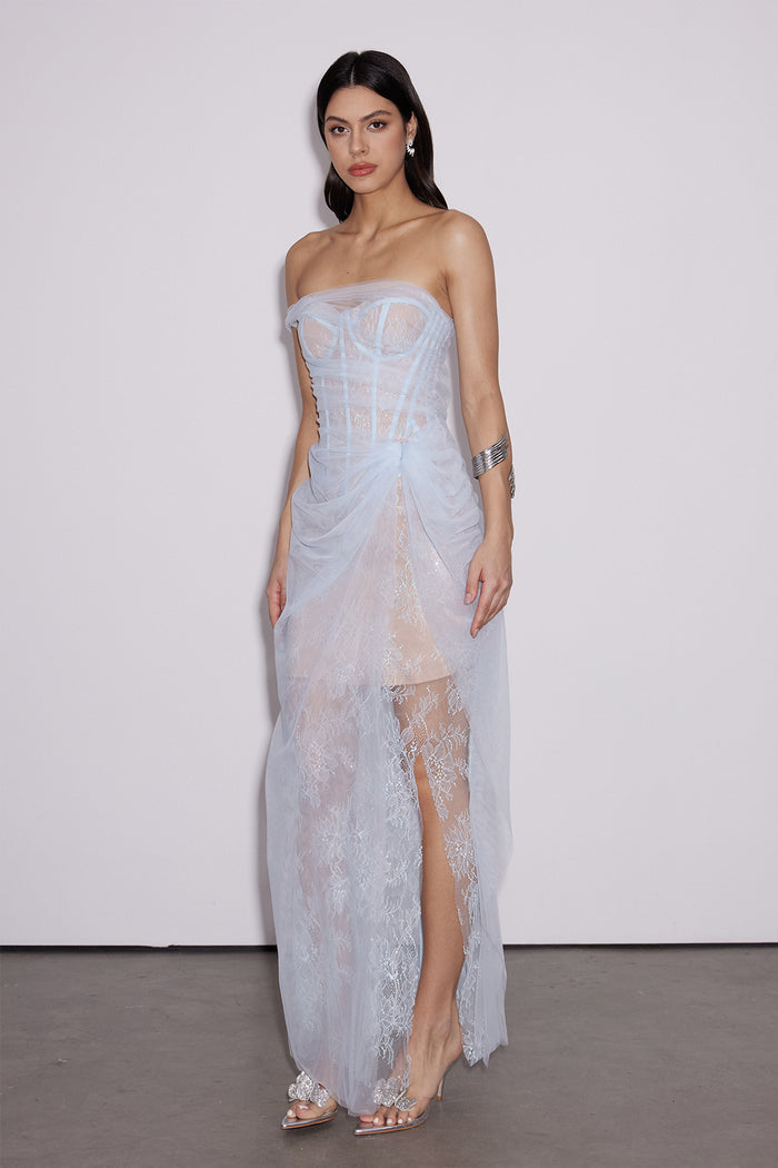 Dechen One Shoulder Corset Mesh Maxi Dress In Blue