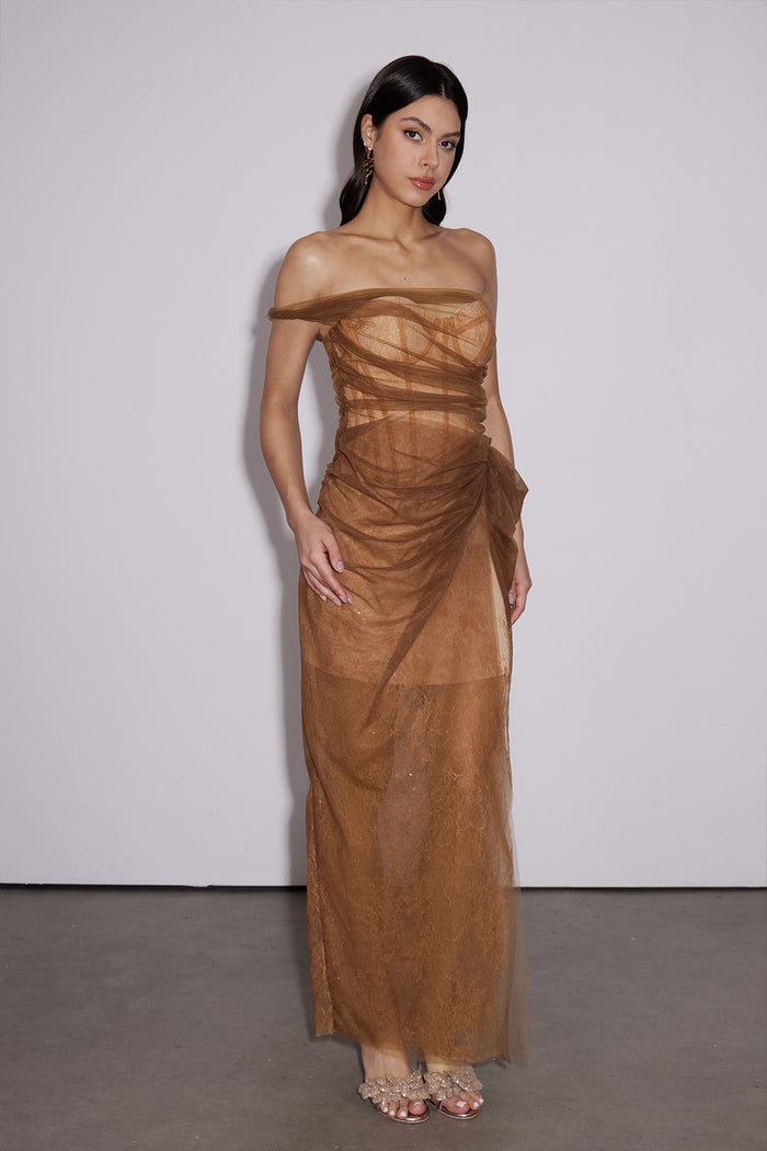 Dechen One Shoulder Corset Mesh Maxi Dress In Brown
