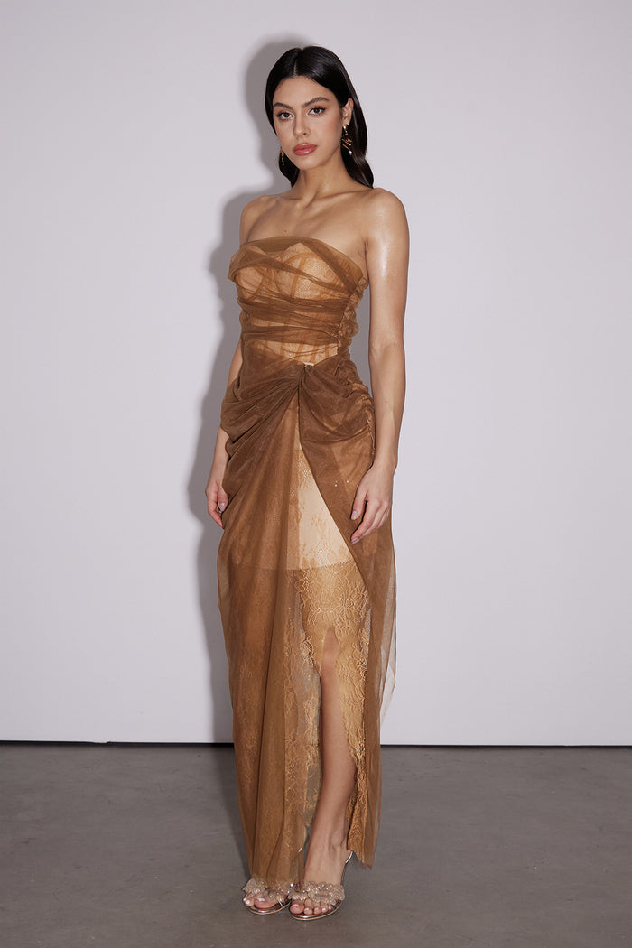 Dechen One Shoulder Corset Mesh Maxi Dress In Brown