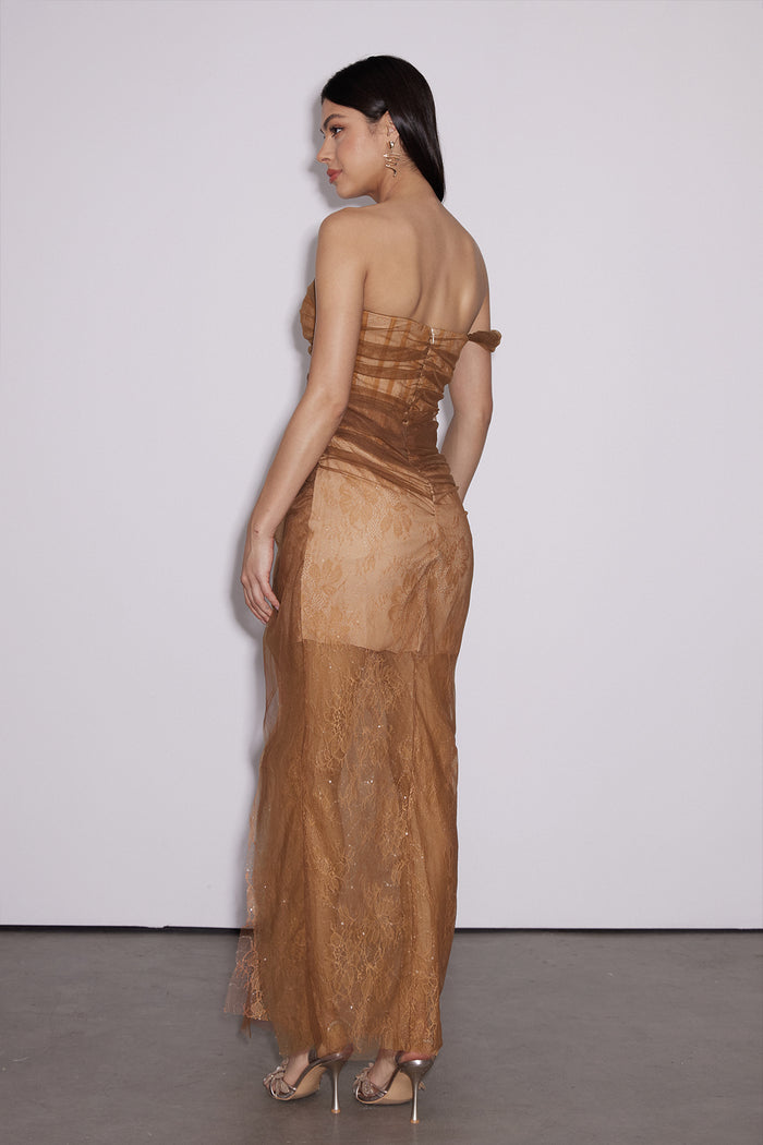 Dechen One Shoulder Corset Mesh Maxi Dress In Brown