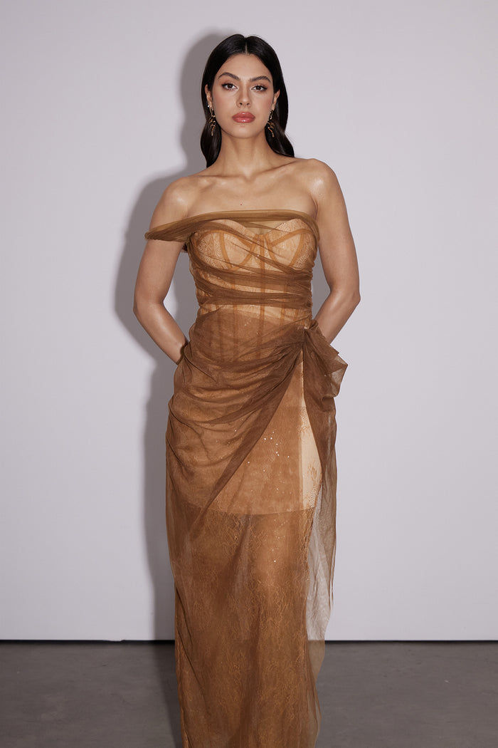 Dechen One Shoulder Corset Mesh Maxi Dress In Brown