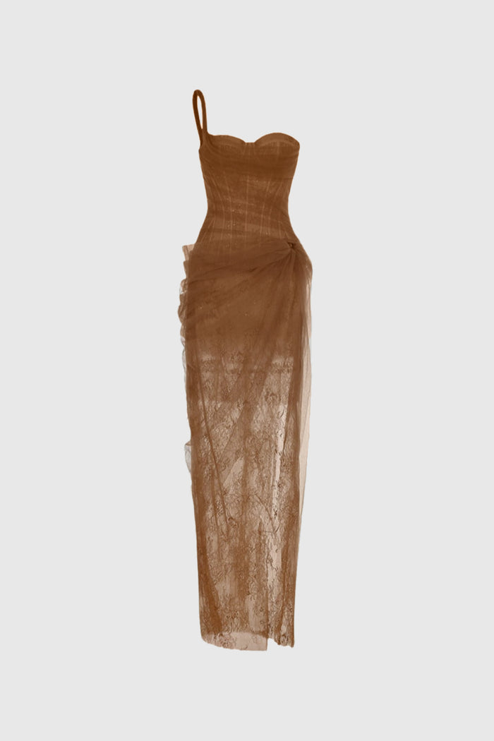 Dechen One Shoulder Corset Mesh Maxi Dress In Brown