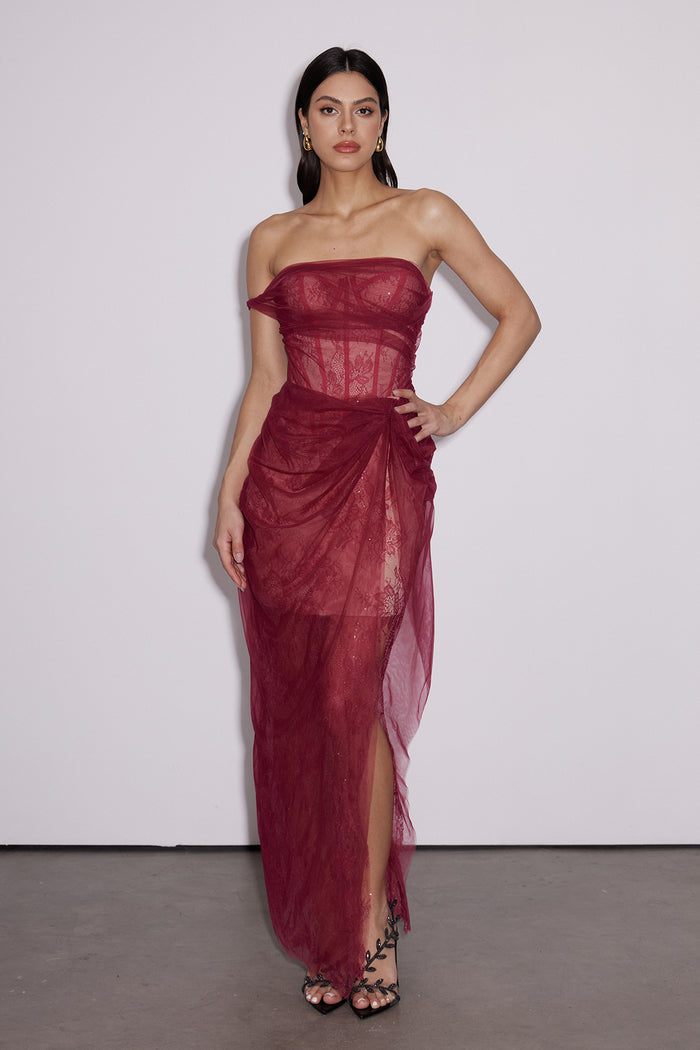 Dechen One Shoulder Corset Mesh Maxi Dress In Red
