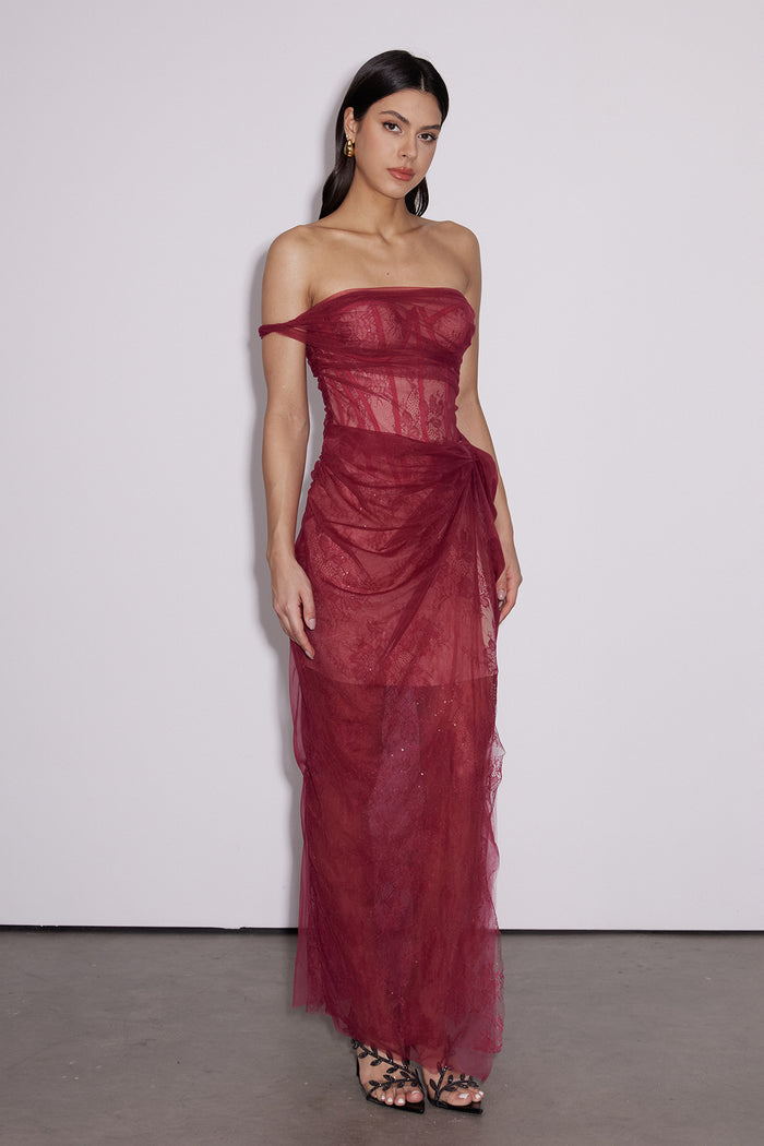 Dechen One Shoulder Corset Mesh Maxi Dress In Red