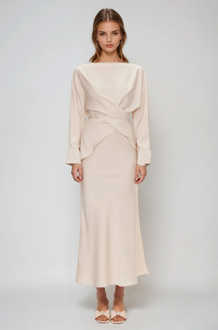 Diamantina Long Sleeve Ruch Skirt Set In White