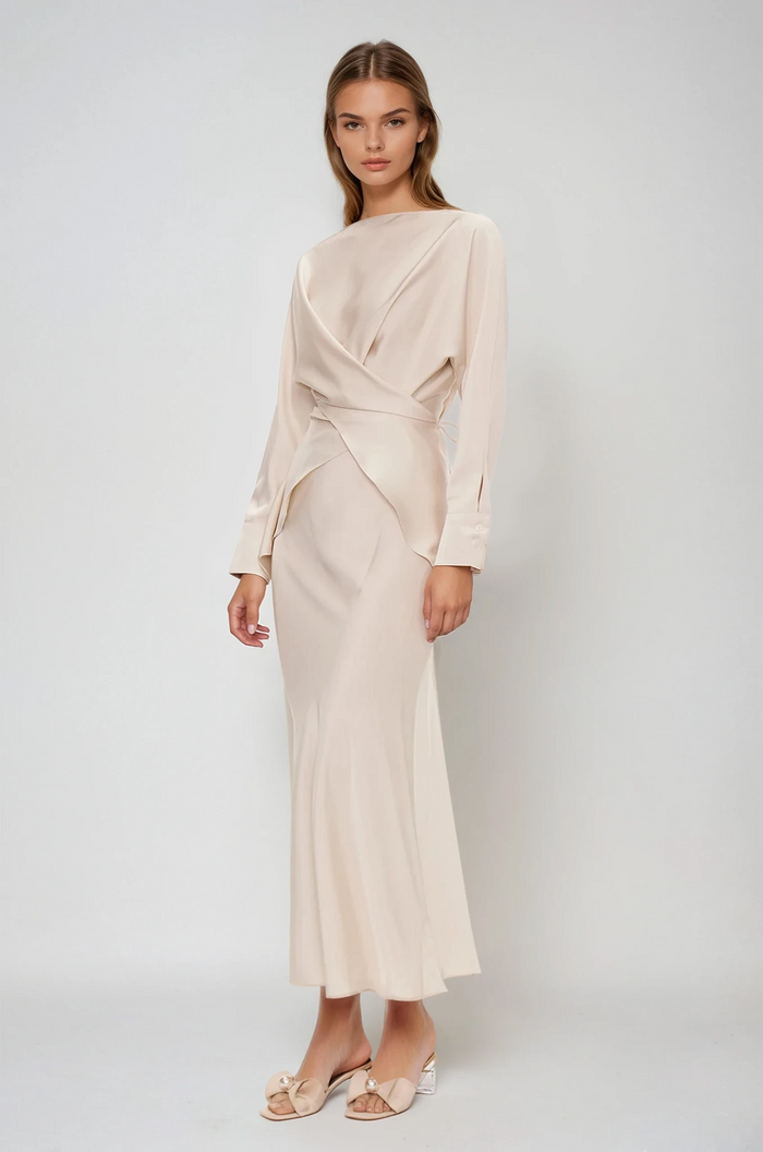 Diamantina Long Sleeve Ruch Skirt Set In White