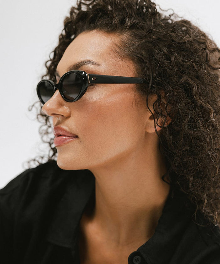Woman wearing black sunglasses and a black shirt, facing sideways  against a plain background #color_black