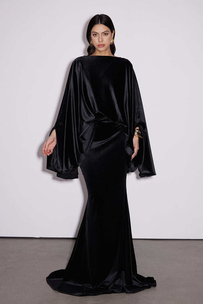 Dixon Cape Sleeve Velvet Skirt Set In Black